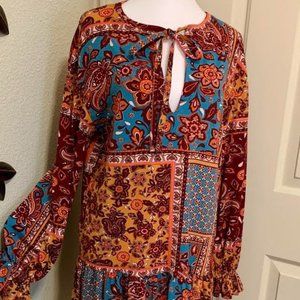 Zara Colorful Bohemian patchwork ruffle long sleeve tunic dress